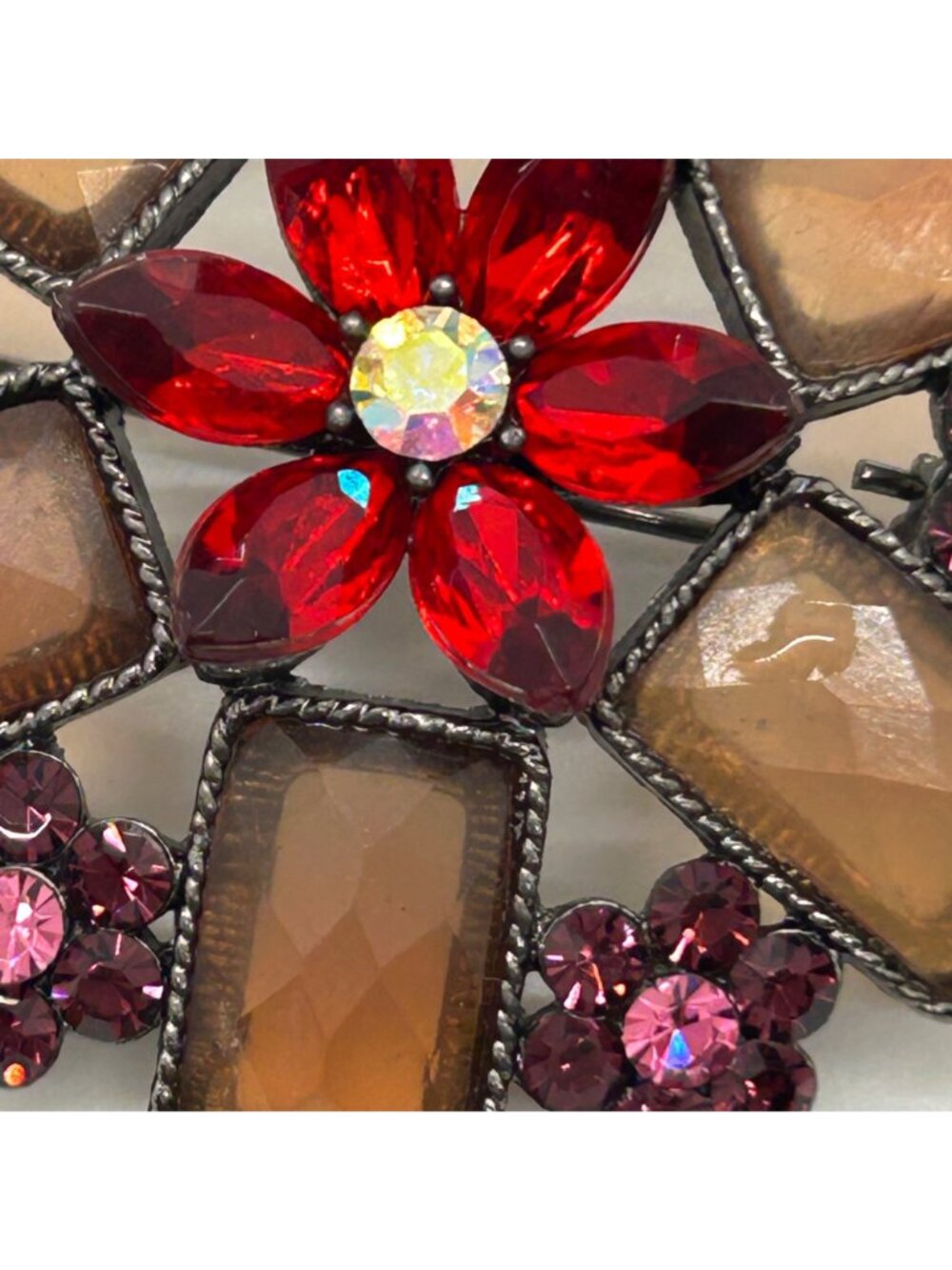 Large Vintage Flower Brooch Pin Rhinestone Red Gold Pink Acrylic Gunmetal Retro - Picture 3 of 13